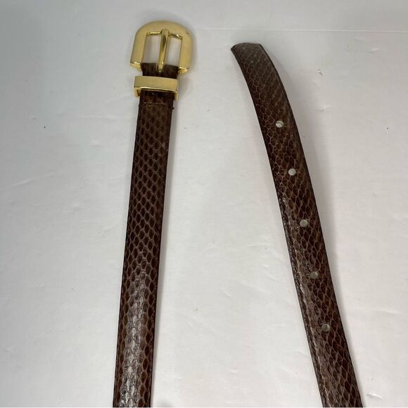 VTG Skinny Genuine Snake Skin Brown Belt Gold Buckle Chic Dressy Textured Size L - Picture 7 of 11